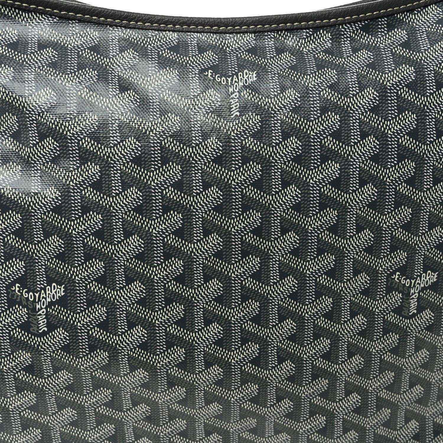Grey canvas hobo bag with repeating Goyardine logo pattern and small labels