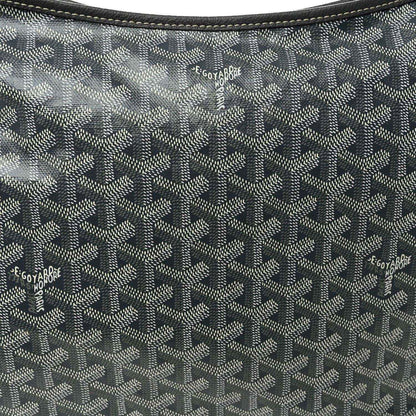 Grey canvas hobo bag with repeating Goyardine logo pattern and small labels