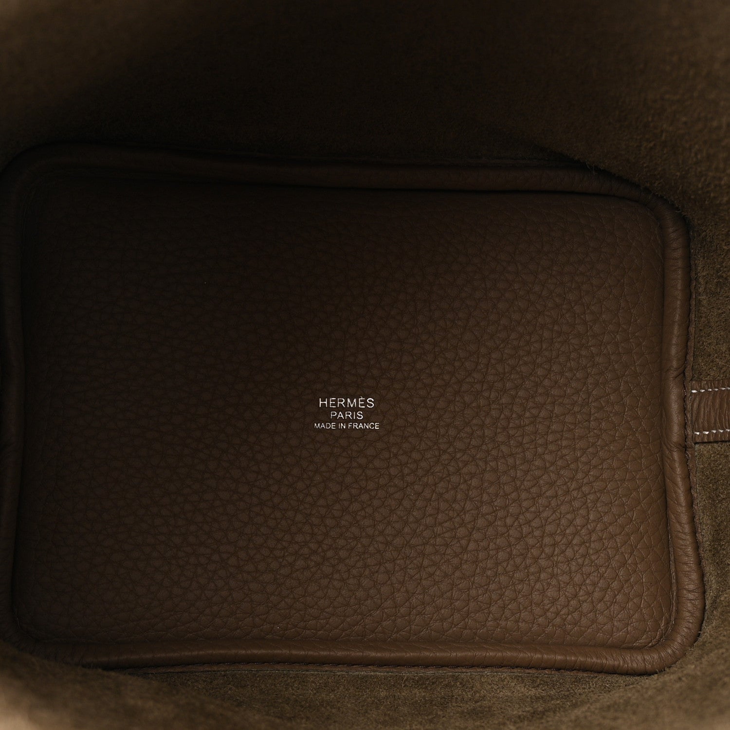 Leather bag interior panel with HERMES PARIS MADE IN FRANCE stamp