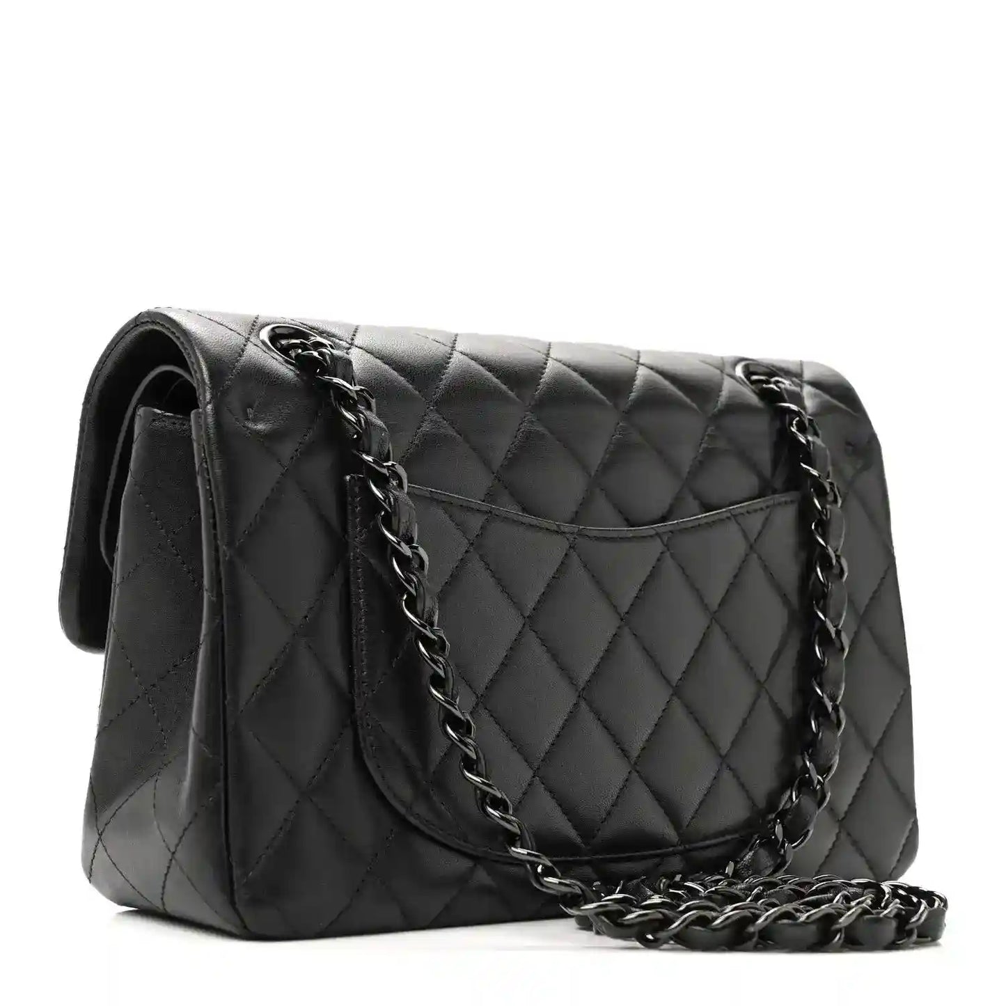 Quilted leather shoulder bag, side profile with chain strap, dark black