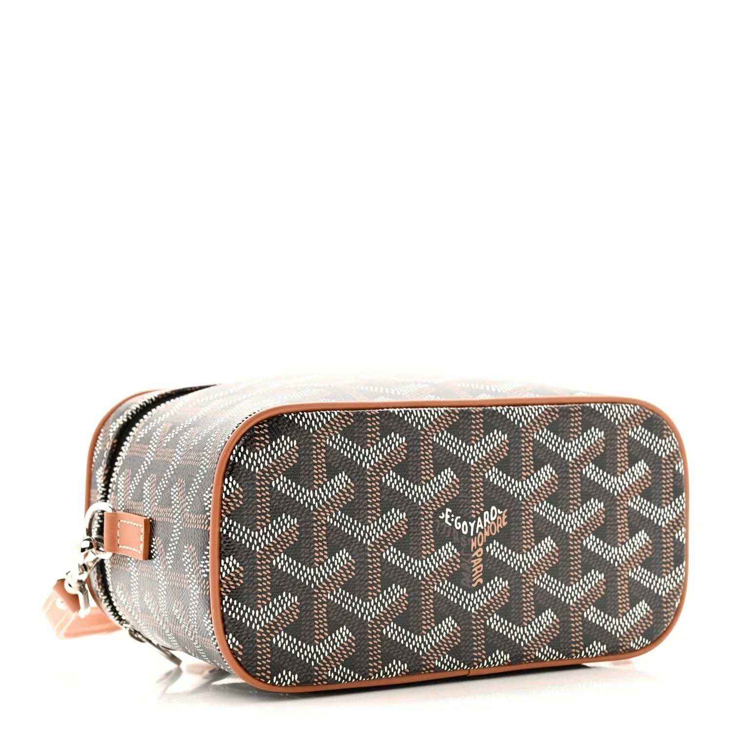 Mini vanity case with zip closure; dark monogram canvas and tan leather edging