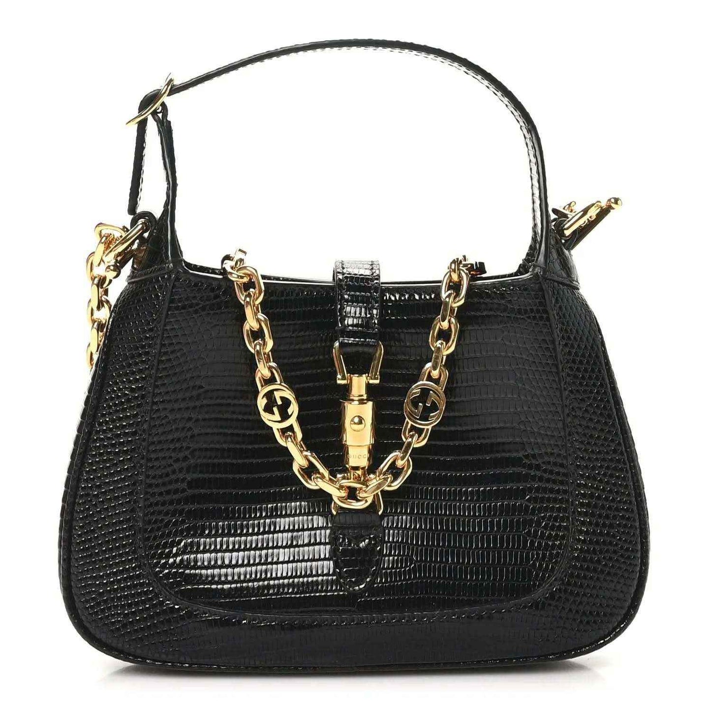 Gucci black lizard mini Jackie handbag with top handle, chain strap, and gold clasp hardware.