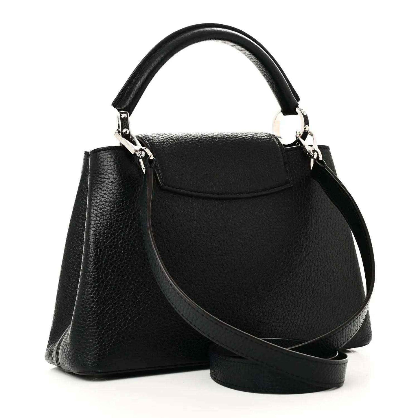 Black leather handbag with flap front, top handle, and crossbody strap