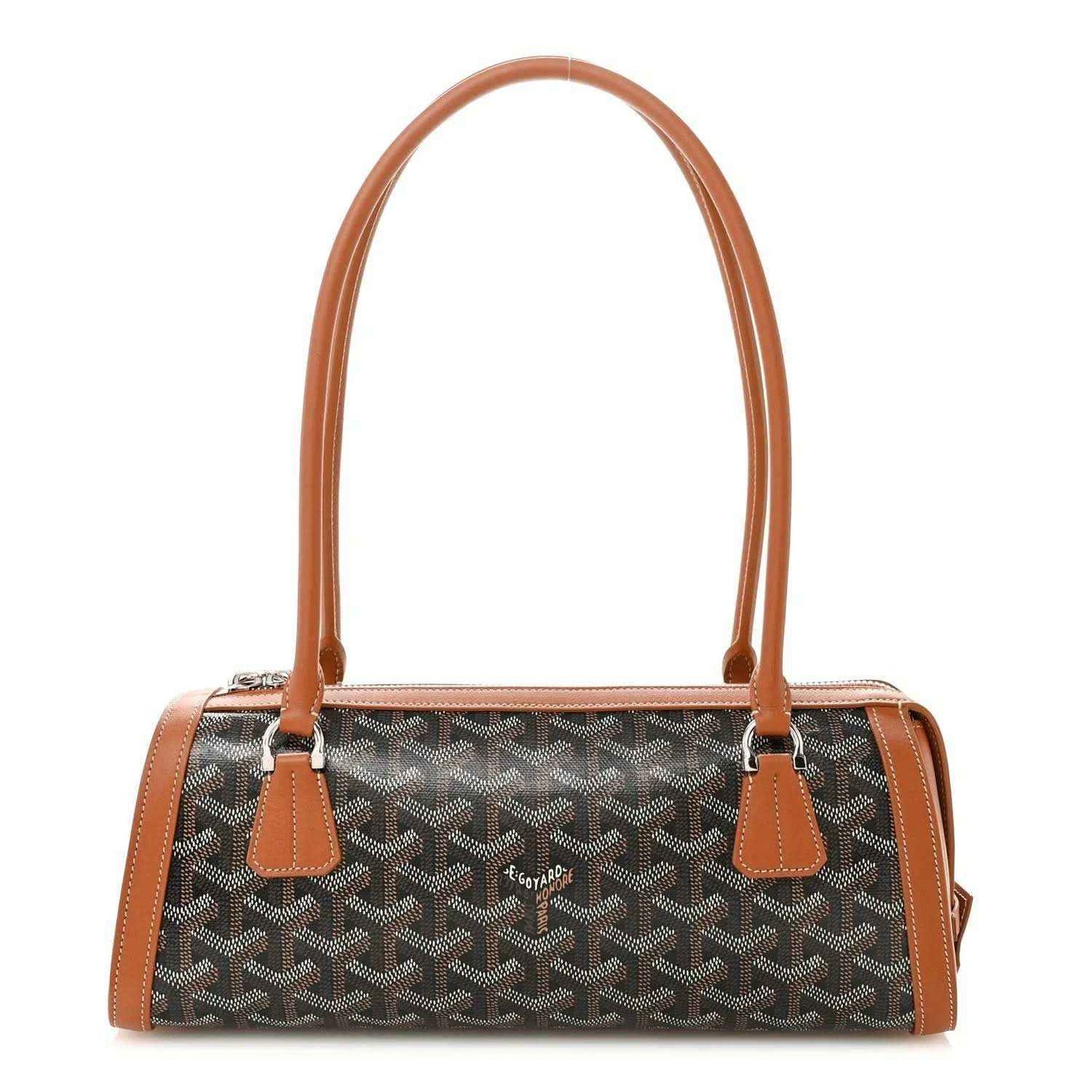 Bonbonnière bag with structured top handle, gray patterned coated canvas and tan leather trim