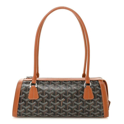 Bonbonnière bag with structured top handle, gray patterned coated canvas and tan leather trim