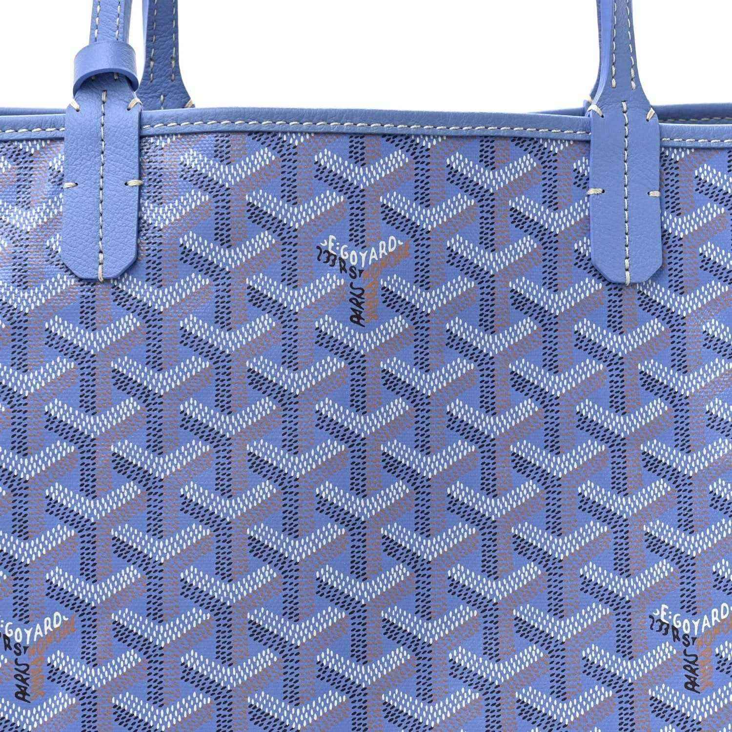 Goyardine tote bag patterned surface close-up with blue Goyardine monogram print
