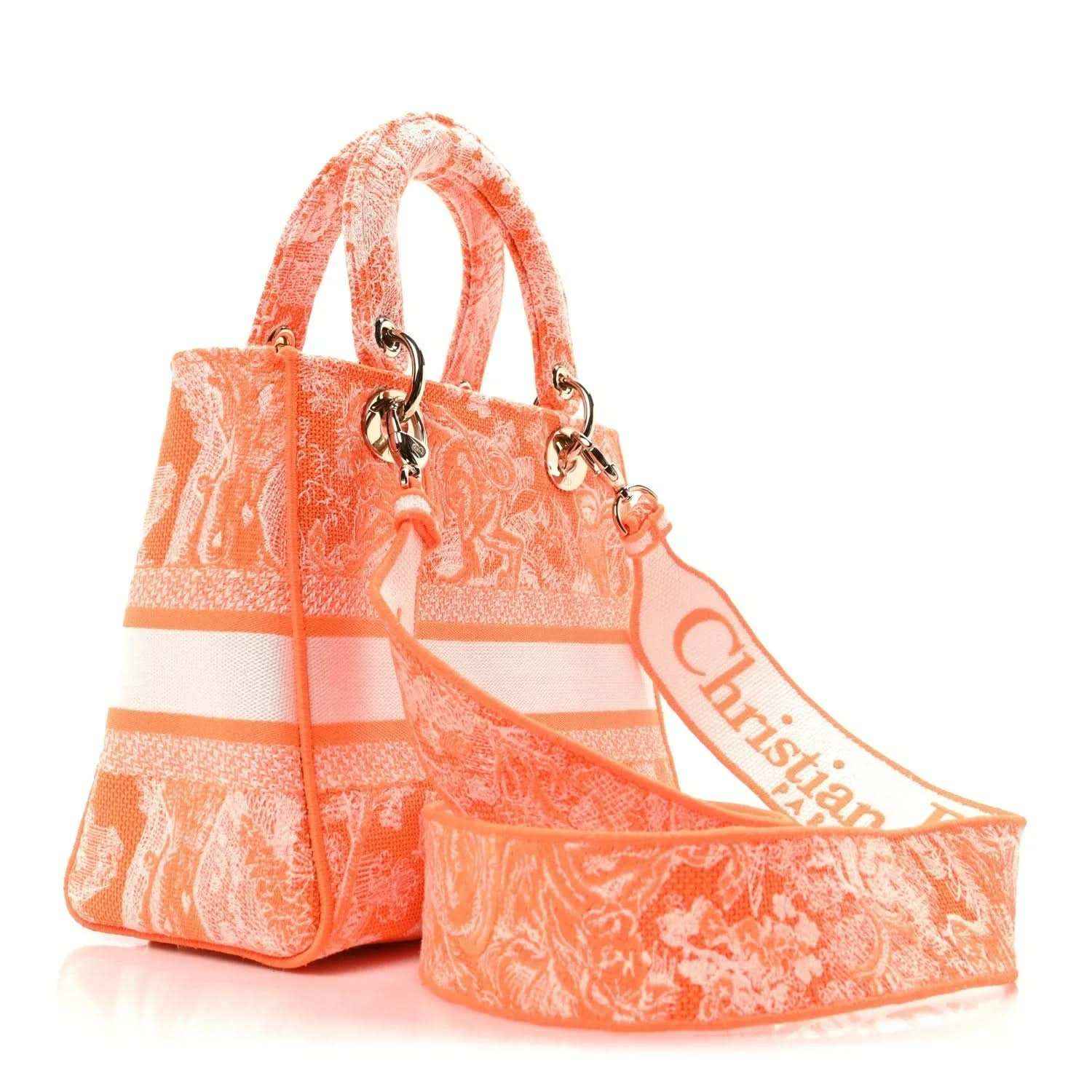 Orange toile de Jouy embroidered Lady D-Lite bag with handles and wide logo strap.