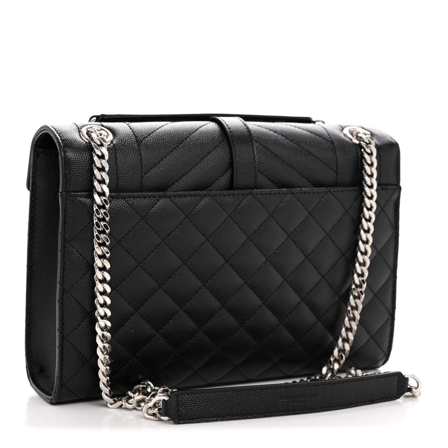 Black quilted medium satchel with chain strap and front flap clasp