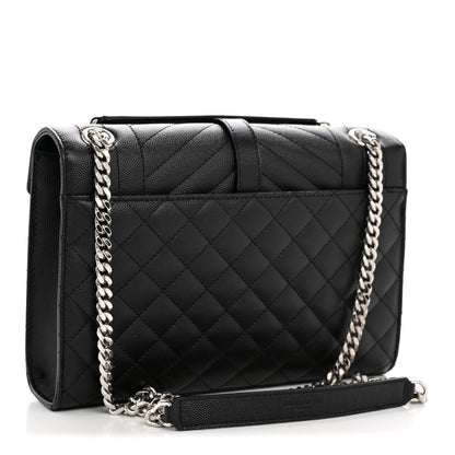 Black quilted medium satchel with chain strap and front flap clasp