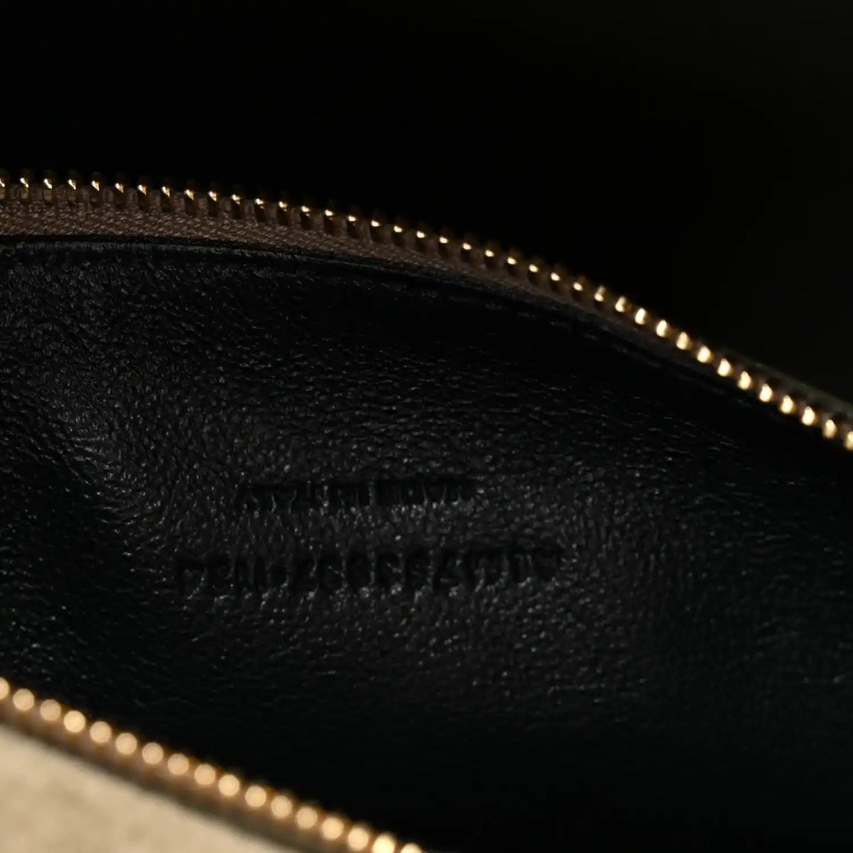 Leather hobo bag interior with embossed texture and gold zipper trim
