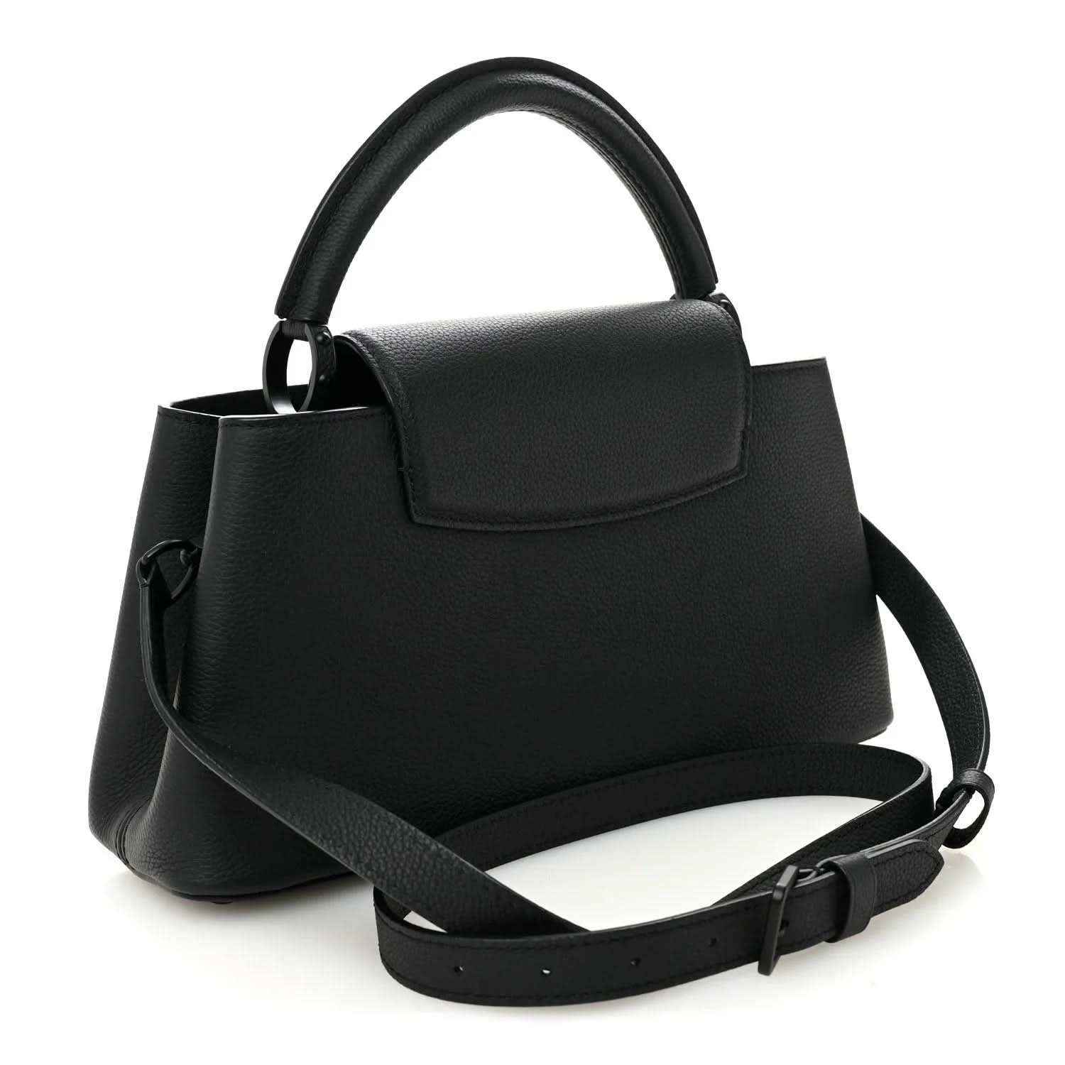 Matte black leather handbag with front flap pocket and adjustable crossbody strap