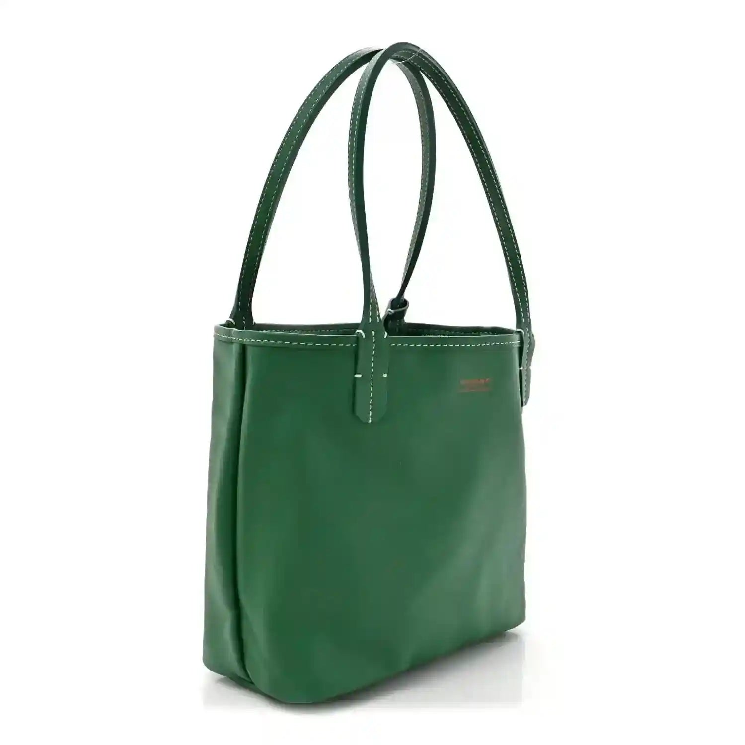 Green reversible mini tote bag side view with top handles and smooth coated canvas