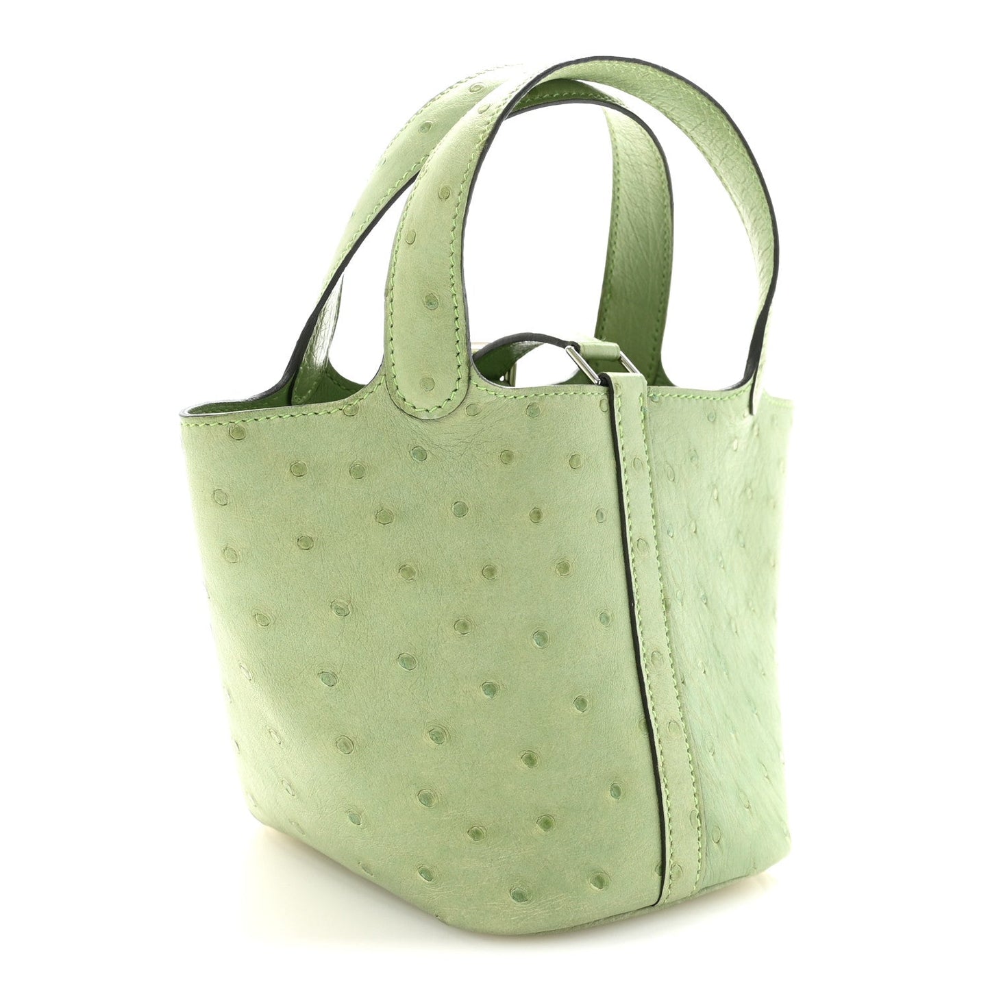 Green mini handbag with top handles and stitched front panels with ostrich texture