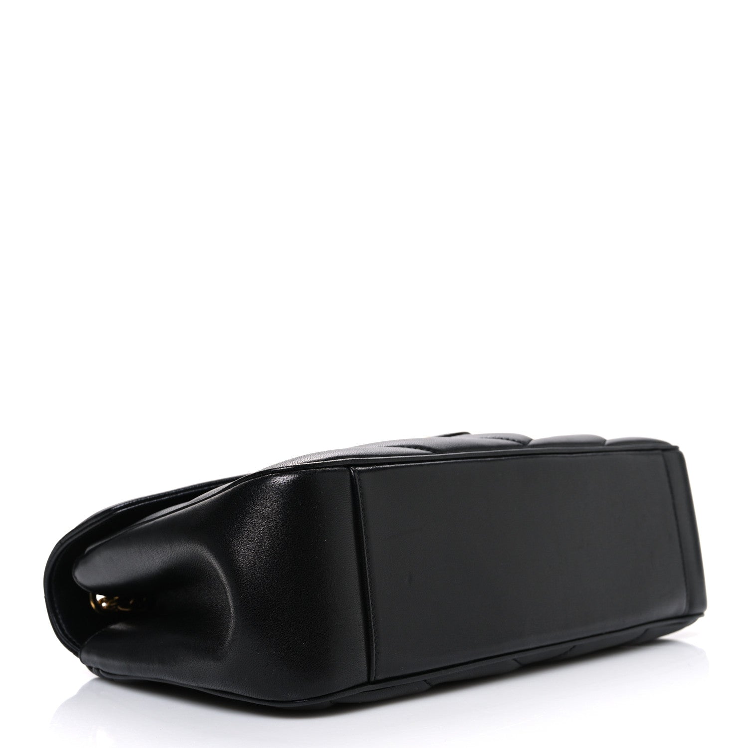 Black quilted shoulder bag with curved top handle and smooth side profile