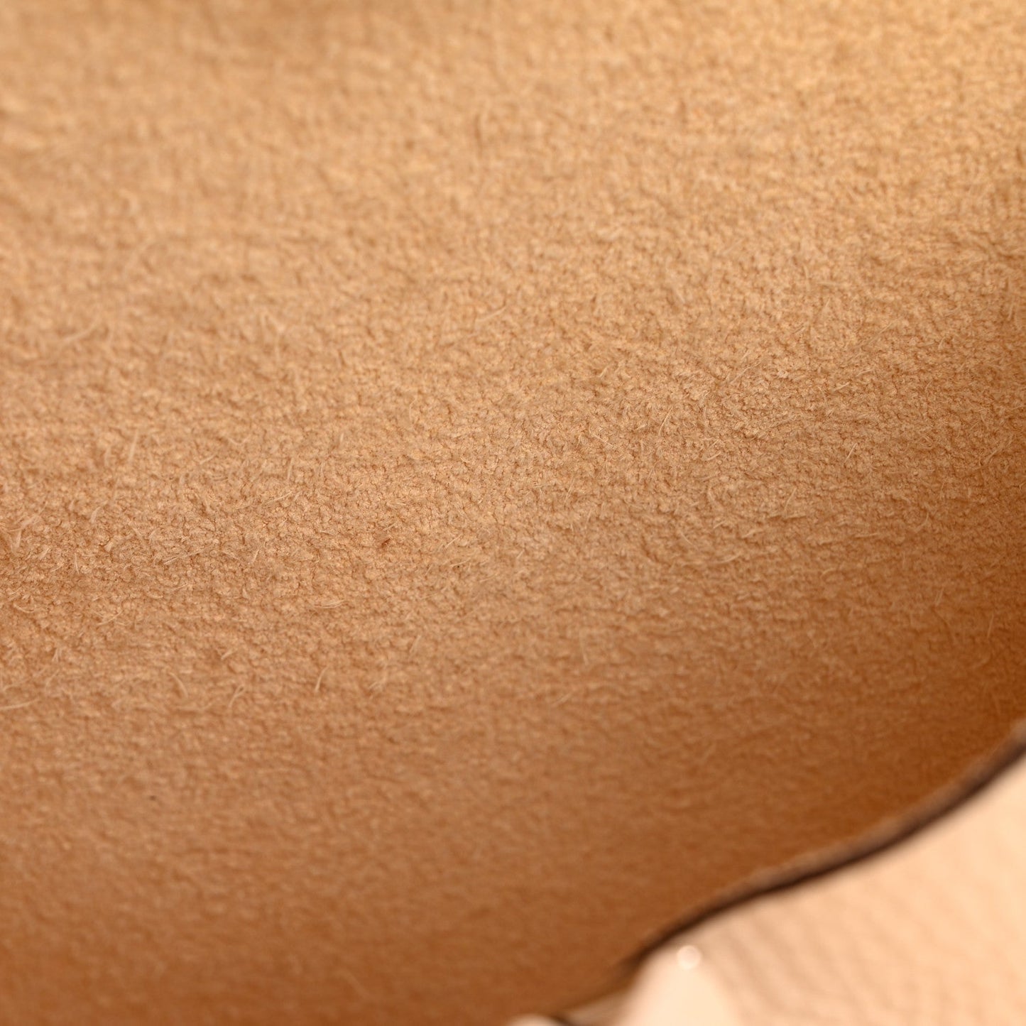 Tan leather bucket bag close-up of pebbled grain and edge stitching