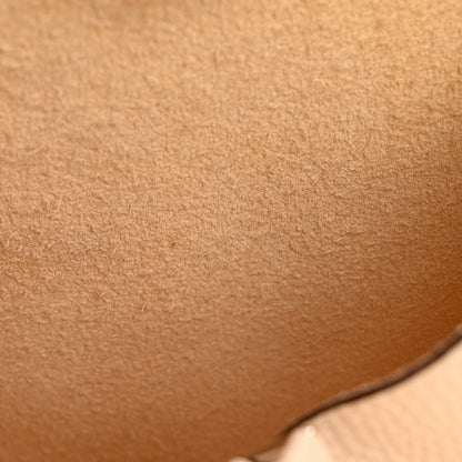 Tan leather bucket bag close-up of pebbled grain and edge stitching