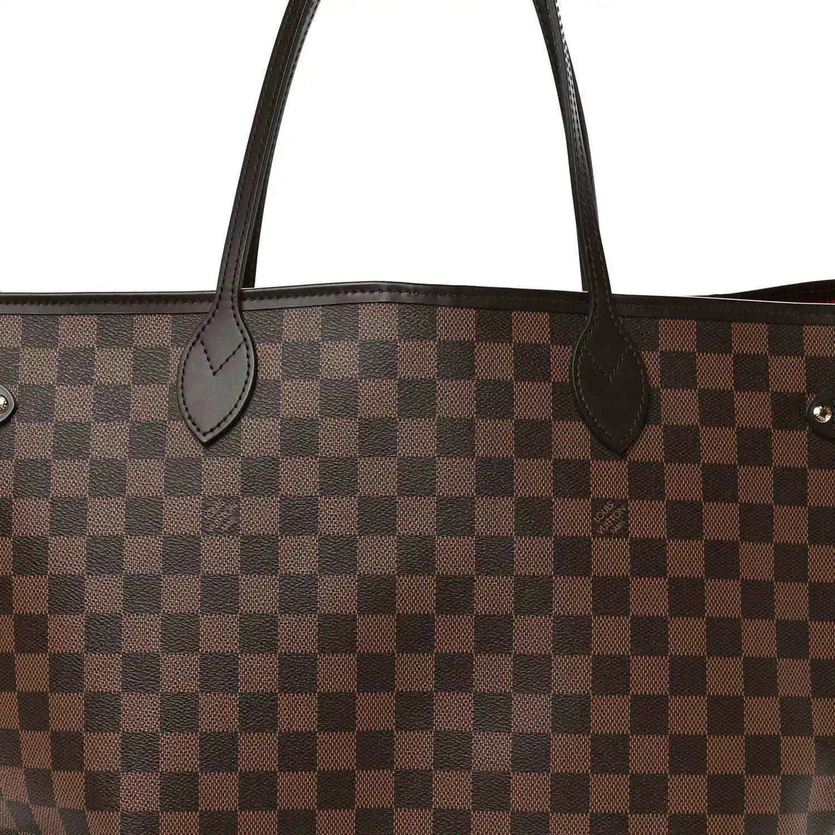 Damier Ebene canvas tote bag close-up of curved leather handle loops and checker pattern