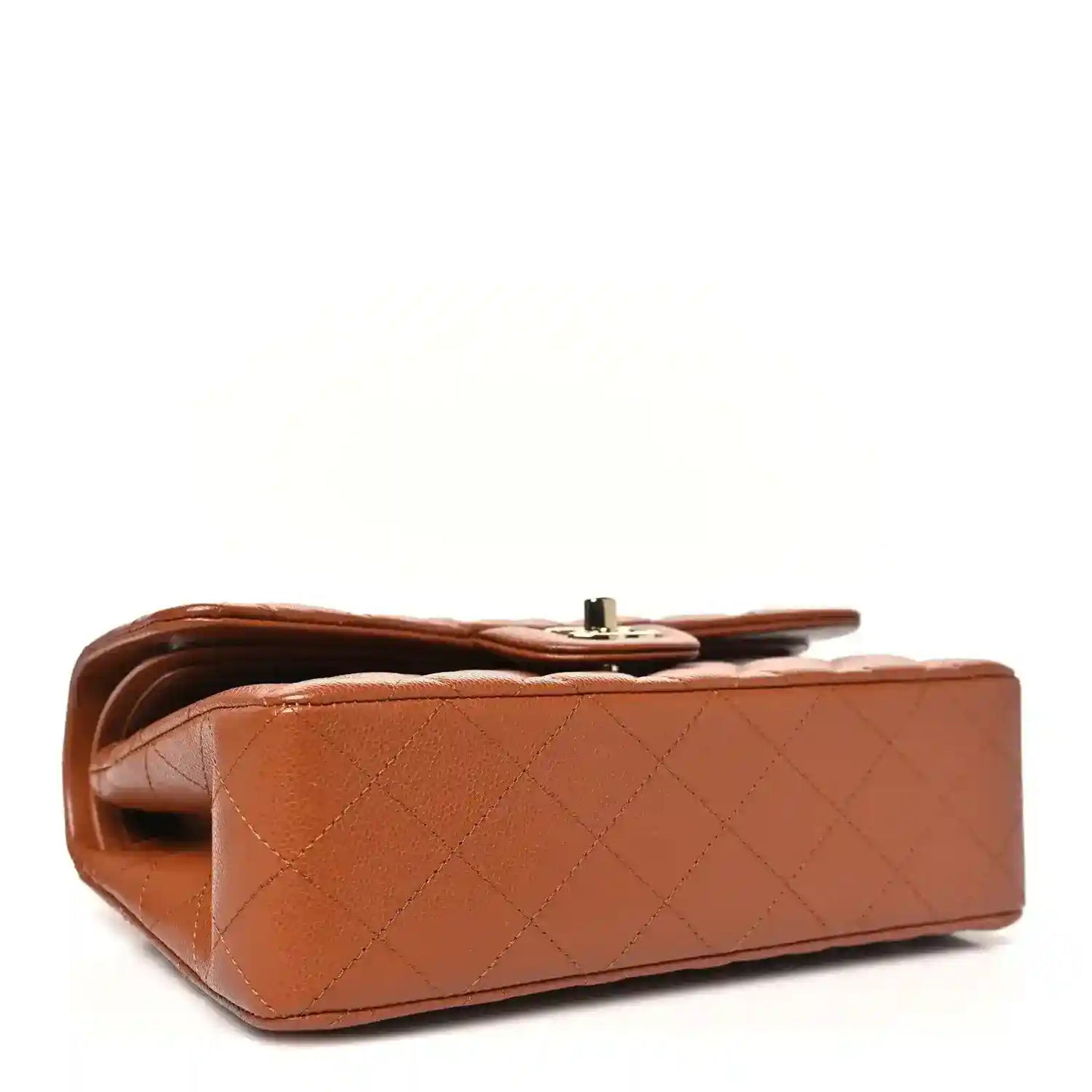 Chanel small double flap bag underside in caramel quilted leather with metal clasp