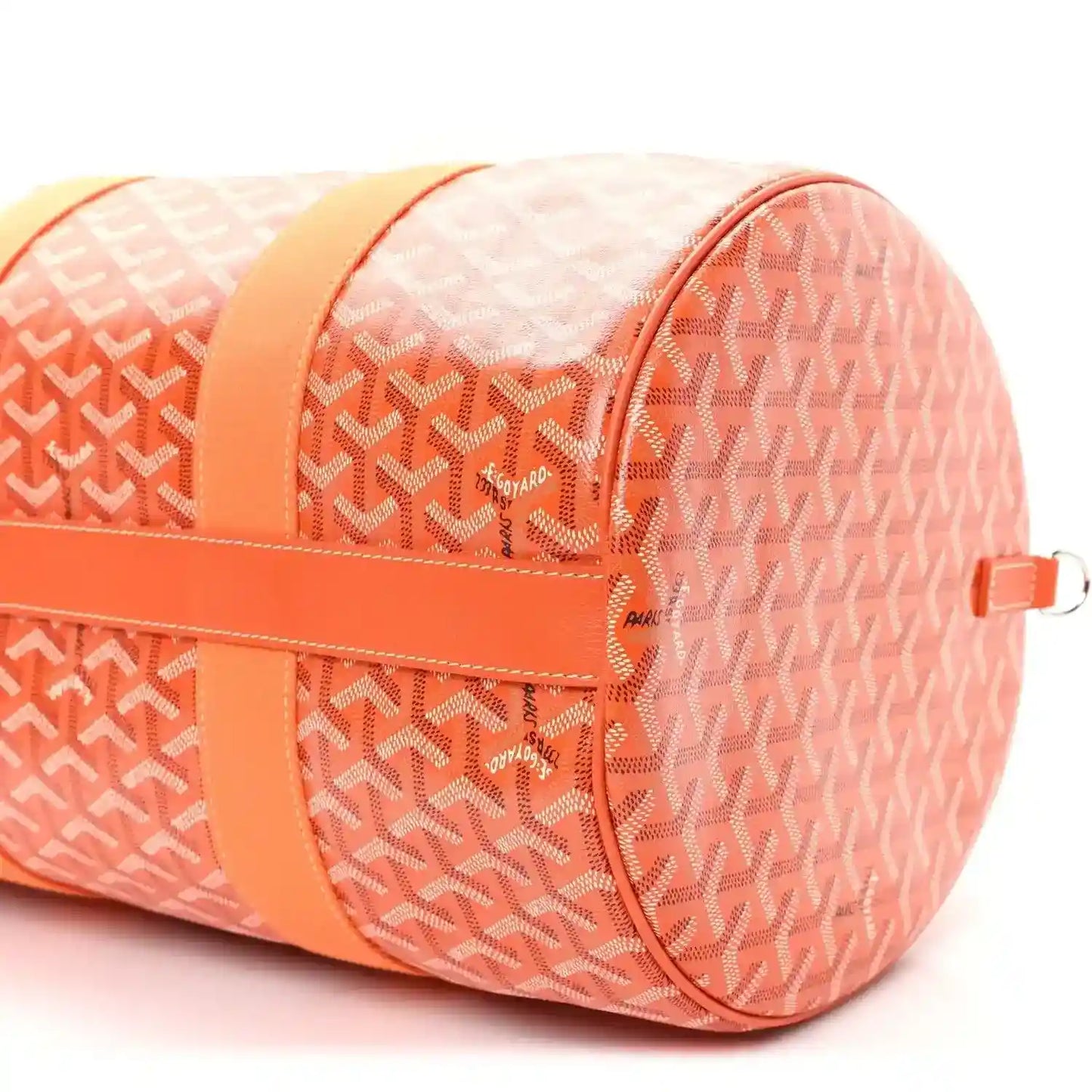 Orange monogram canvas barrel sports bag with side zip and strap D-ring detail.