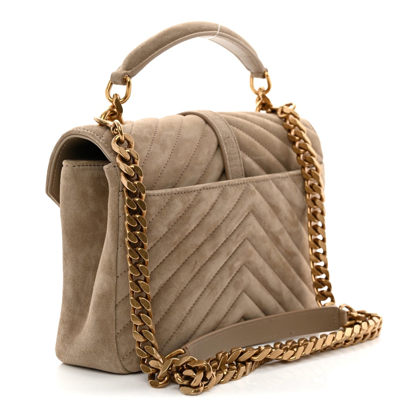 Taupe suede quilted shoulder bag with chevron stitching and gold chain strap