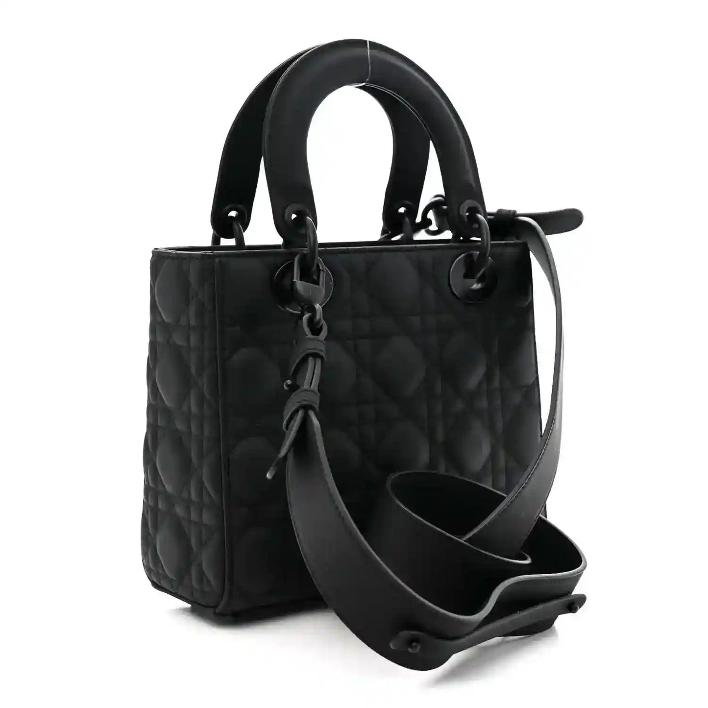 Quilted black Lady Dior handbag with top handles, dangling CD charm, and shoulder strap