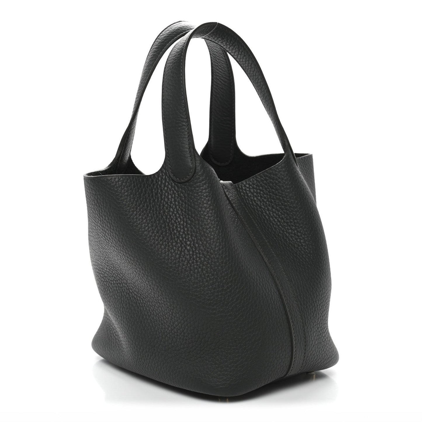 Textured dark green mini tote bag with open top and gold-tone front lock detail.