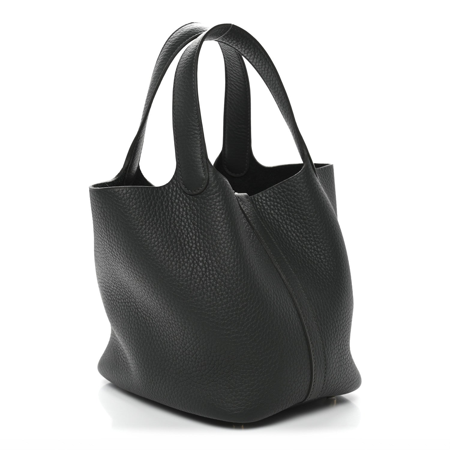 Textured dark green mini tote bag with open top and gold-tone front lock detail.