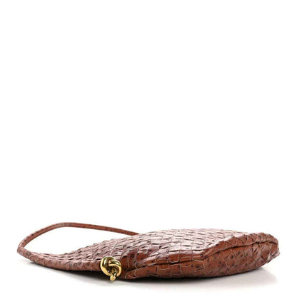 Light brown embossed leather strap pouch with gold-tone clasp.