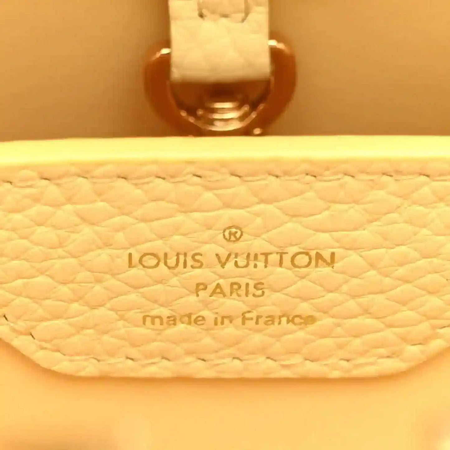 Louis Vuitton Capucines BB handbag interior with Louis Vuitton Paris made in France stamp
