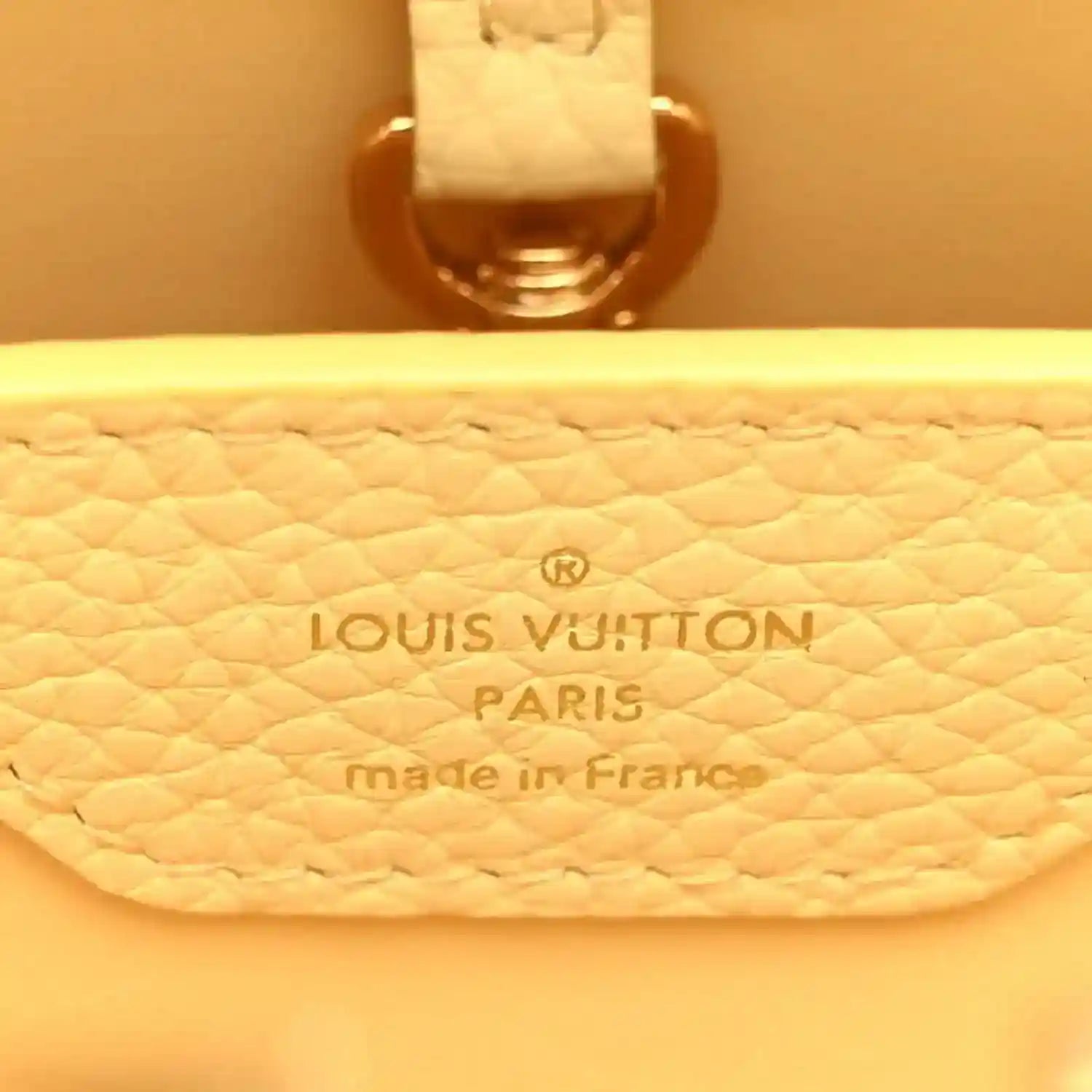 Louis Vuitton Capucines BB handbag interior with Louis Vuitton Paris made in France stamp