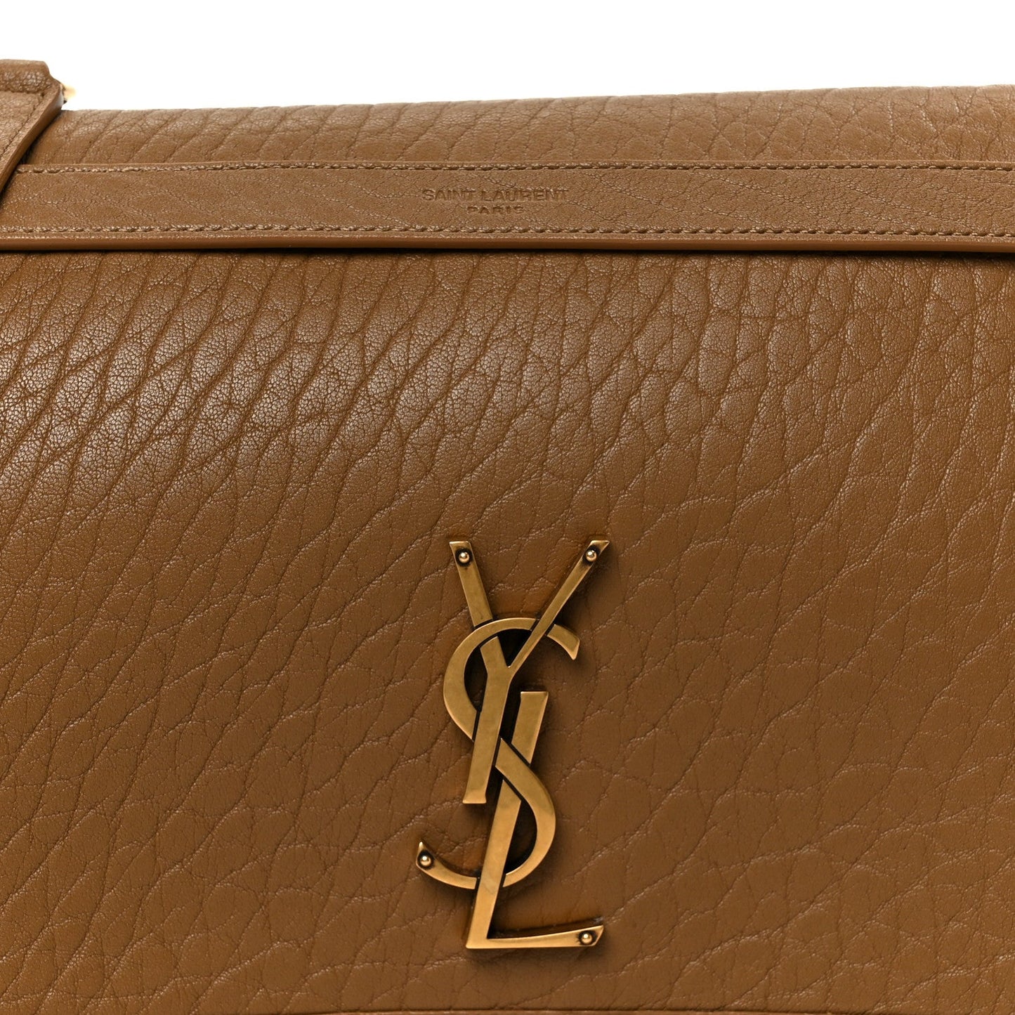Grained leather satchel with YSL monogram on front flap, dark cork.