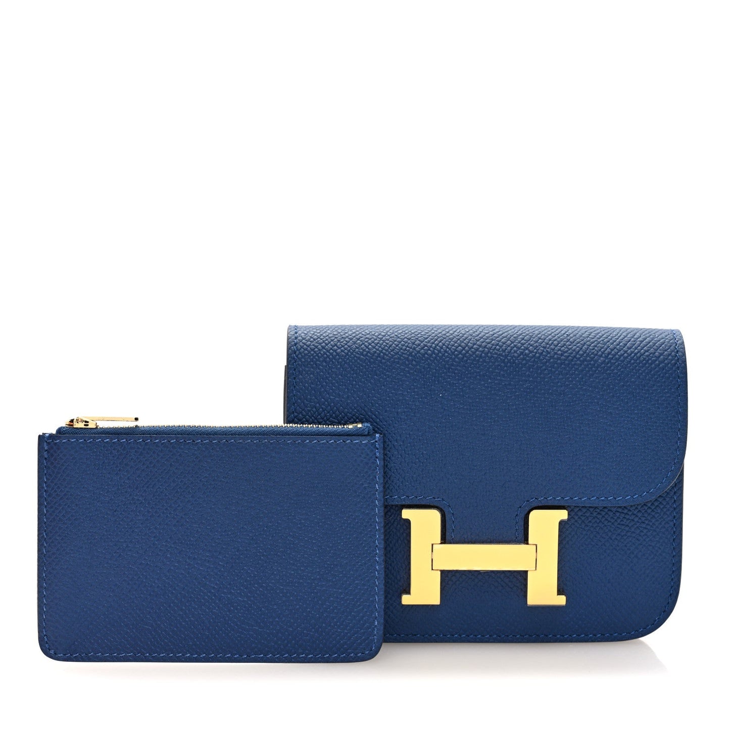 Blue slim wallet with matching card case and gold H logo clasp