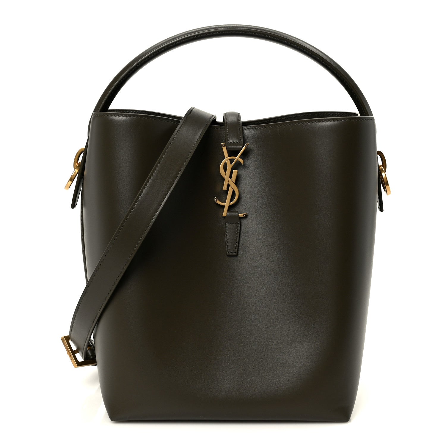 Shiny bucket bag with top handles, YSL charm detail, dark leather and gold hardware.