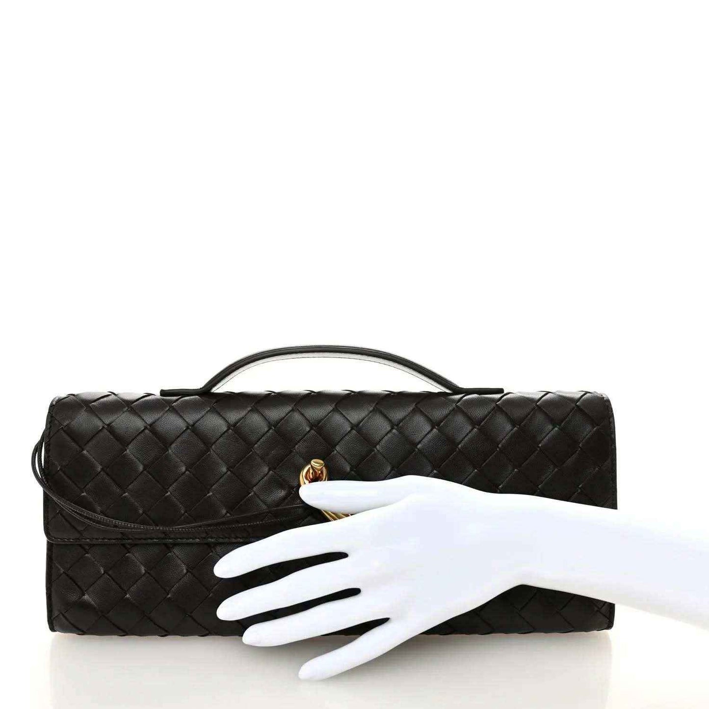 Black intrecciato nappa top-handle clutch with gold clasp and flap front