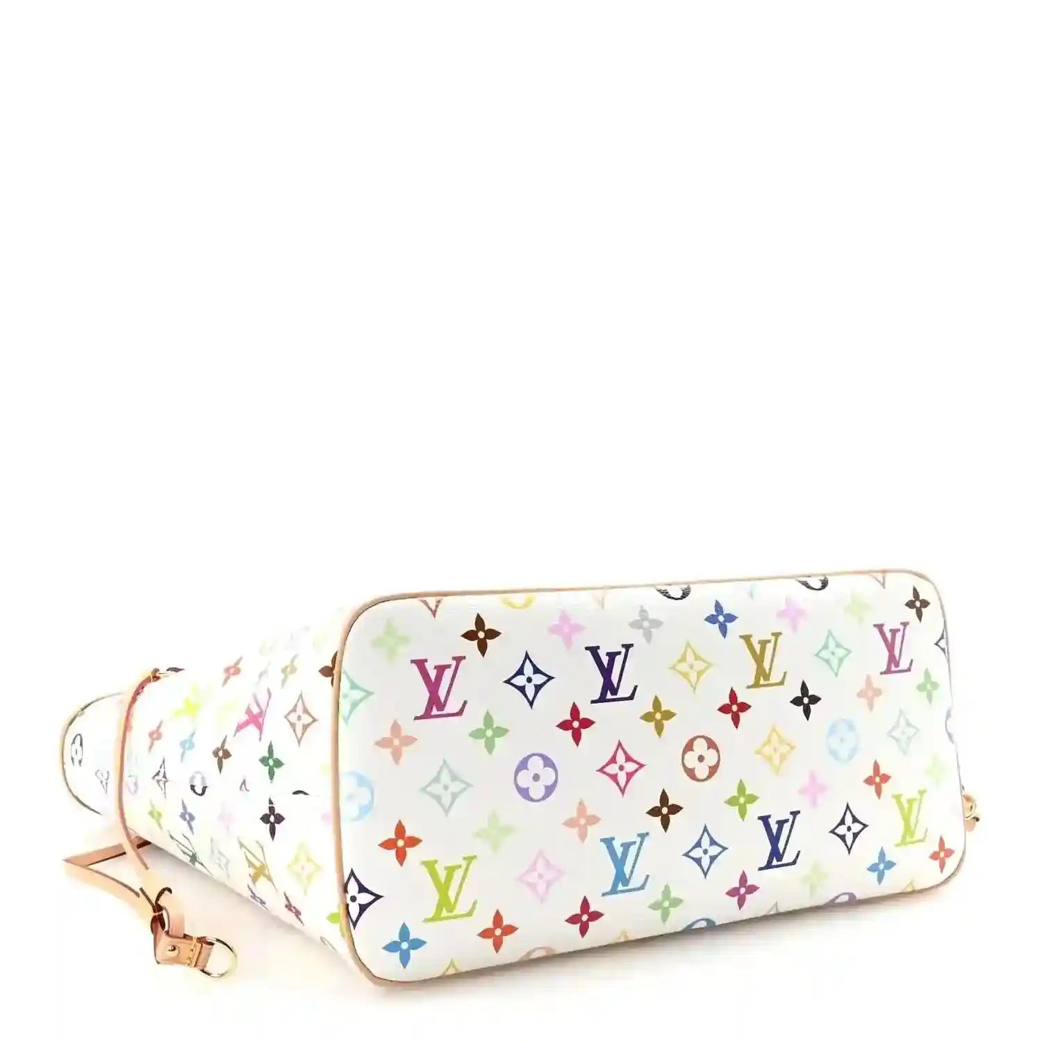 White multicolor monogram zip pouch with tan piping and side strap