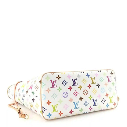 White multicolor monogram zip pouch with tan piping and side strap