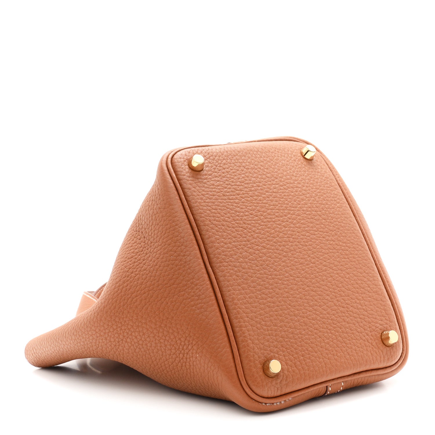 Tan leather bucket bag corner detail with gold-tone snap studs