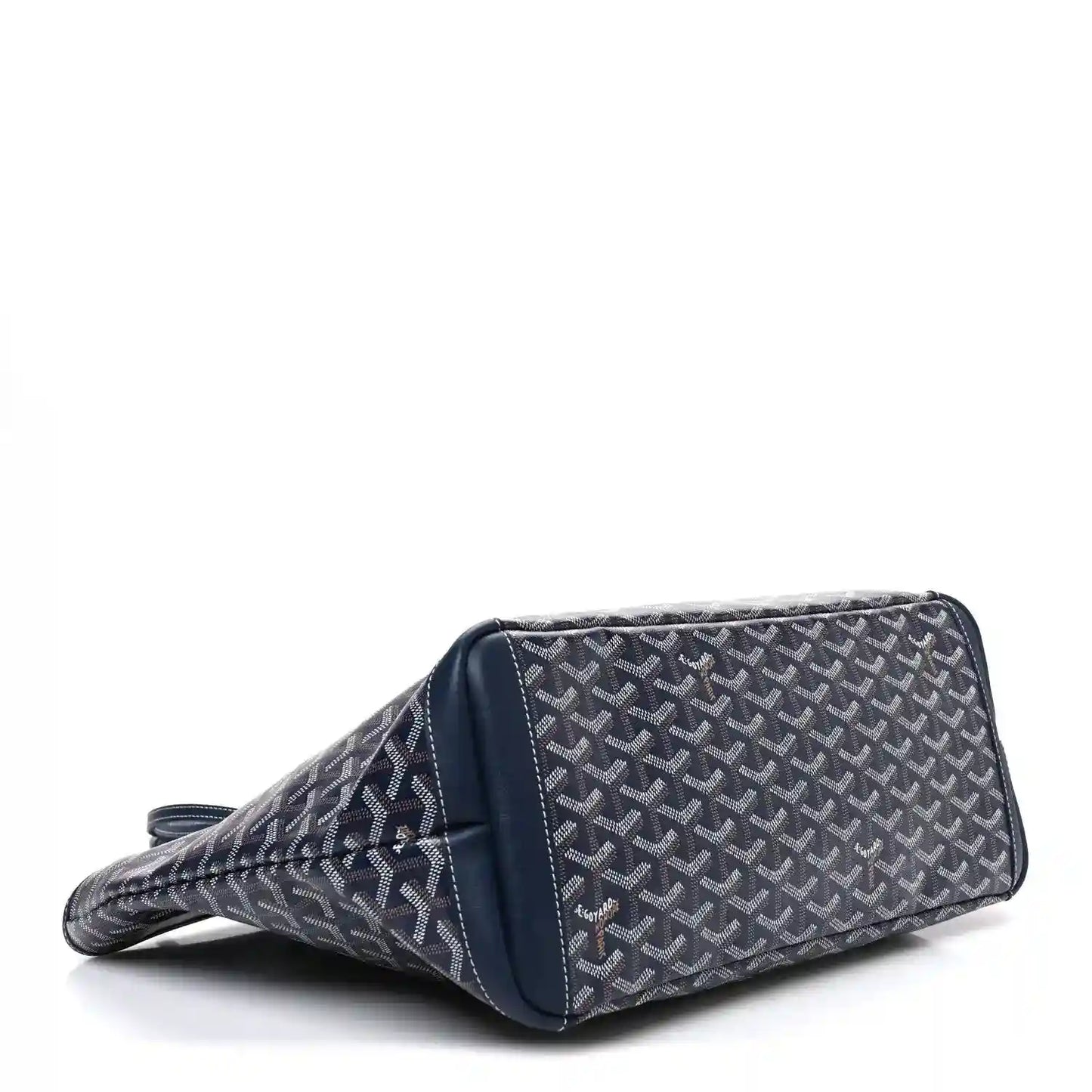 Navy Goyardine Artois MM tote bag angled side view with stitched edges