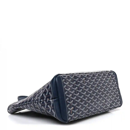 Navy Goyardine Artois MM tote bag angled side view with stitched edges