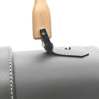 Grey leather mini Saigon bag handle with stitched trim and metal clasp