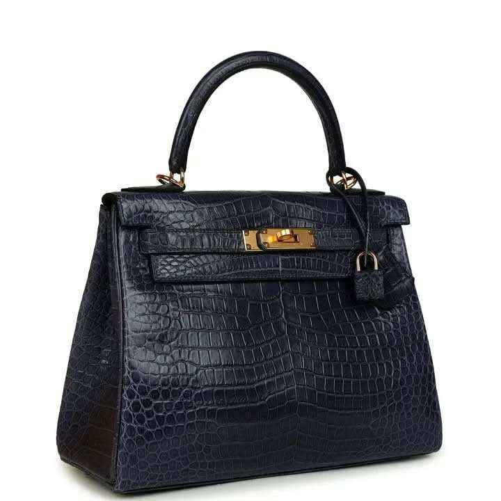 Hermès Kelly Retourne 28 top-handle bag, matte croc-embossed dark blue, gold-tone clasp