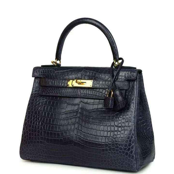 Hermès Kelly Retourne 28 top-handle bag, matte croc-embossed dark blue, gold-tone lock