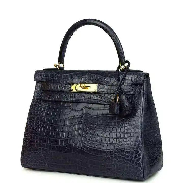 Hermès Kelly Retourne 28 top-handle bag, matte croc-embossed dark blue, gold-tone lock