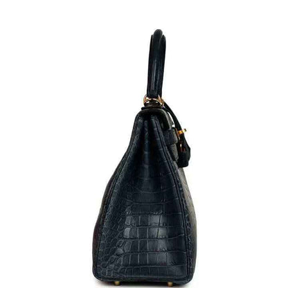 Hermès Kelly Retourne 28 top-handle bag, matte croc-embossed dark blue, gold hardware