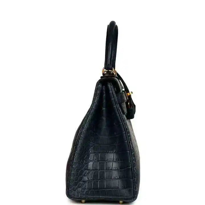 Hermès Kelly Retourne 28 top-handle bag, matte croc-embossed dark blue, gold hardware