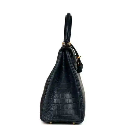 Hermès Kelly Retourne 28 top-handle bag, matte croc-embossed dark blue, gold hardware