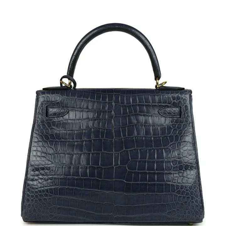 Hermès Kelly Retourne 28 top-handle bag, matte croc-embossed dark blue, rear view