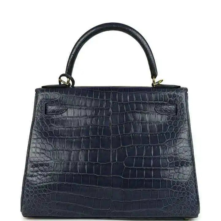 Hermès Kelly Retourne 28 top-handle bag, matte croc-embossed dark blue, rear view