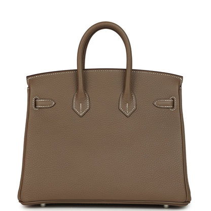 Hermes Birkin 25 taupe-brown leather handbag, front flap, stitched details, turn-lock