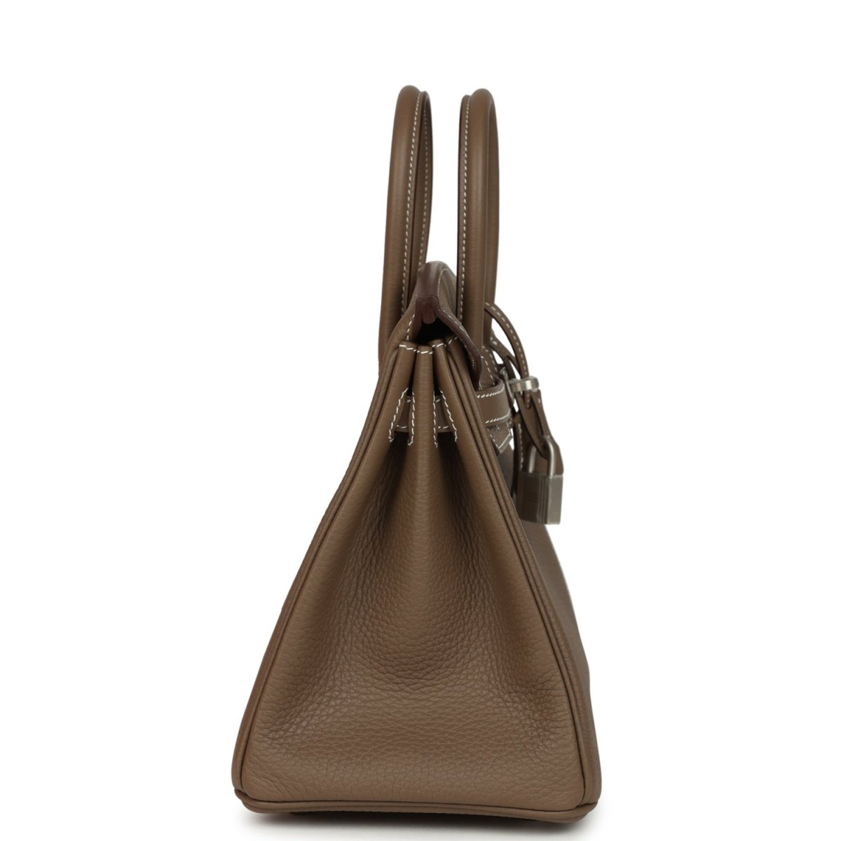 Hermes Birkin 25 taupe-brown leather handbag side profile with top handles and lock